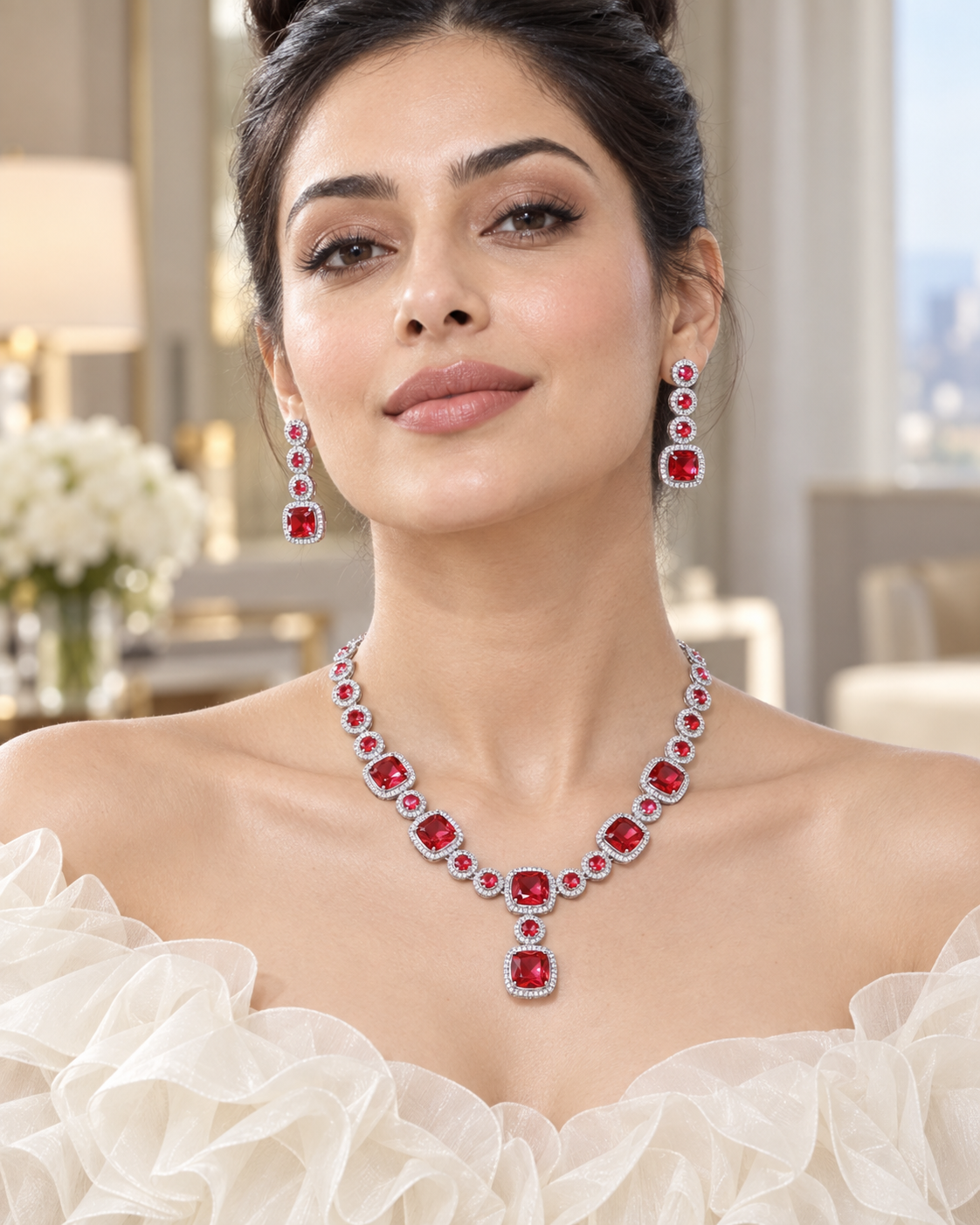 Ruby Cushion Cluster Necklace Set