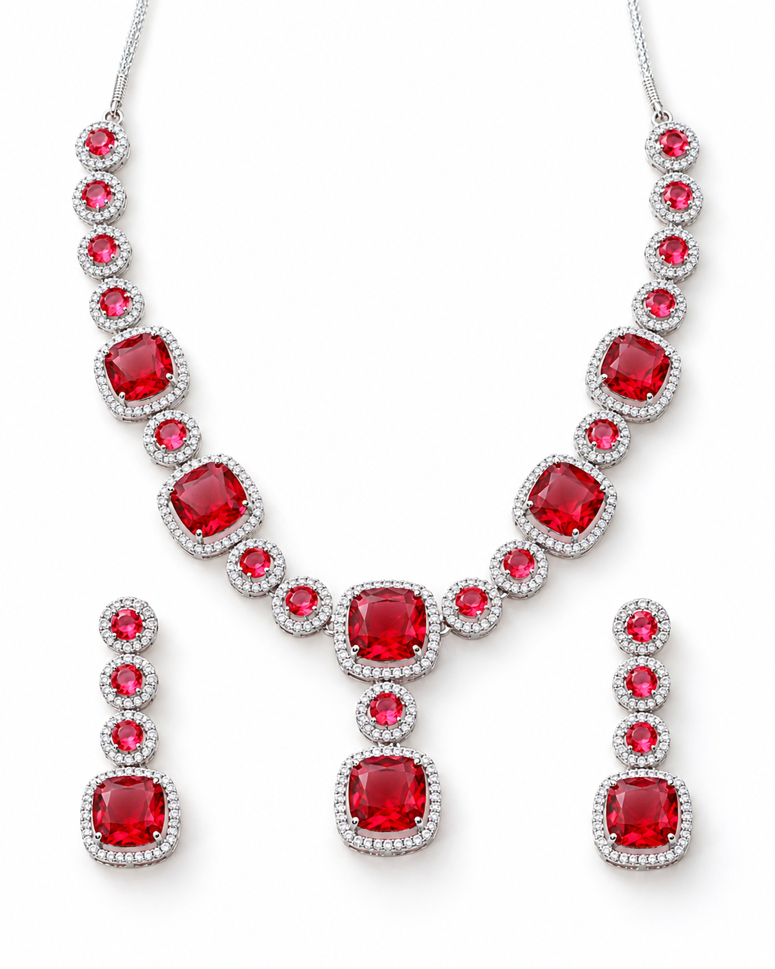 Ruby Cushion Cluster Necklace Set
