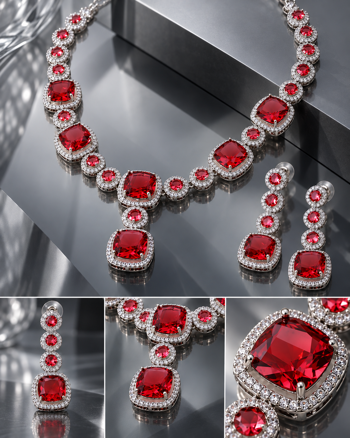 Ruby Cushion Cluster Necklace Set