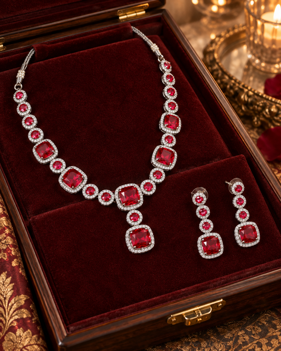 Ruby Cushion Cluster Necklace Set