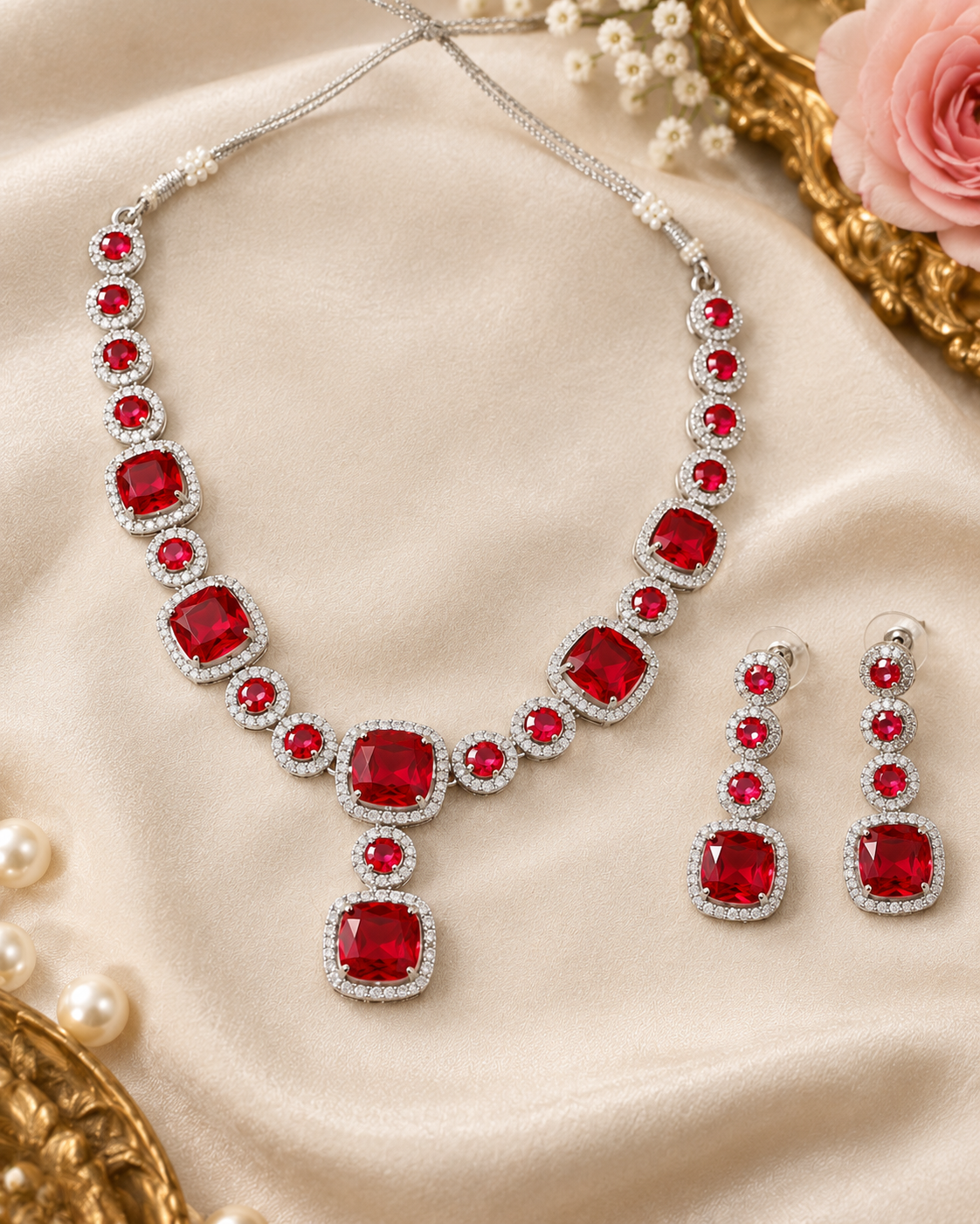 Ruby Cushion Cluster Necklace Set