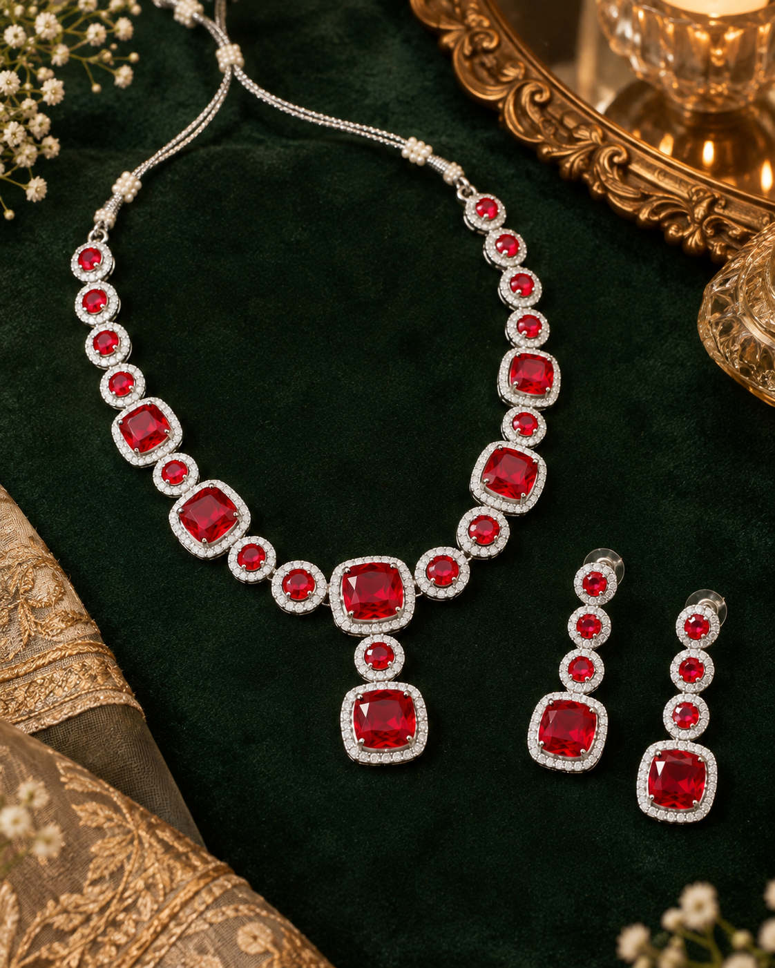 Ruby Cushion Cluster Necklace Set