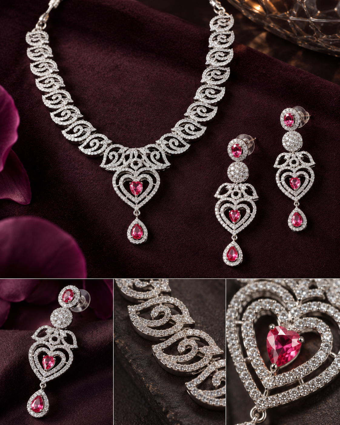 Pink Heart Trio Necklace Set