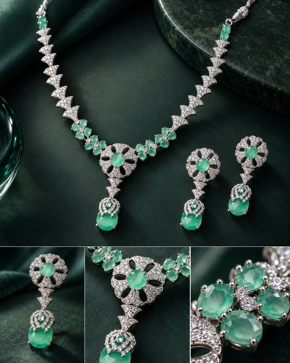 Emerald Fan Floral Necklace Set