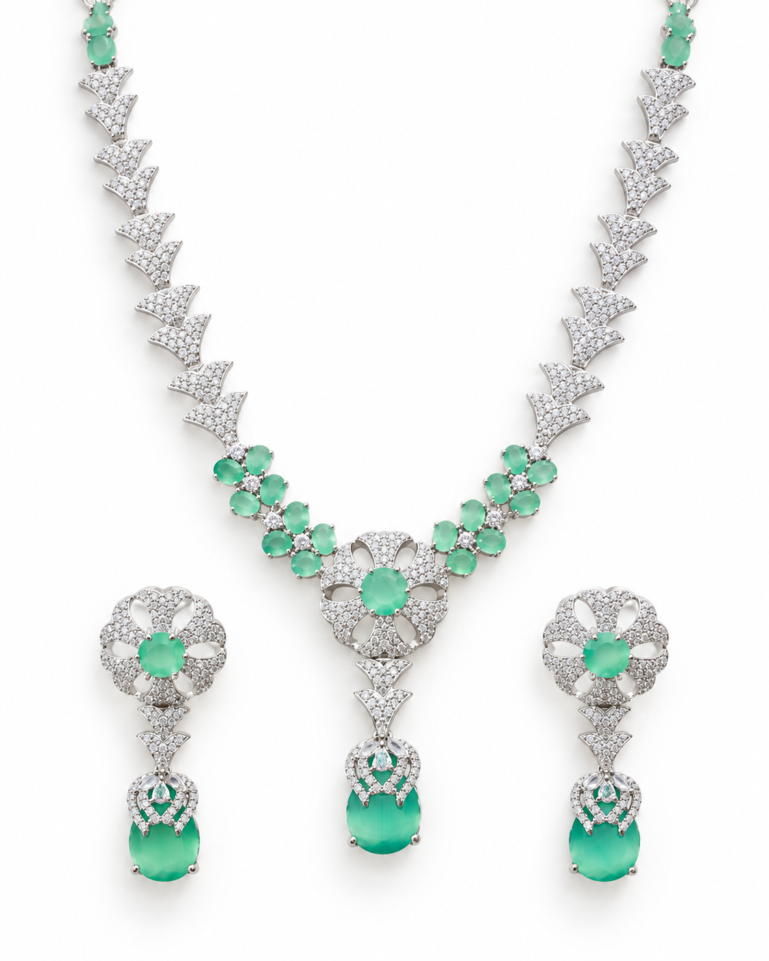 Emerald Fan Floral Necklace Set