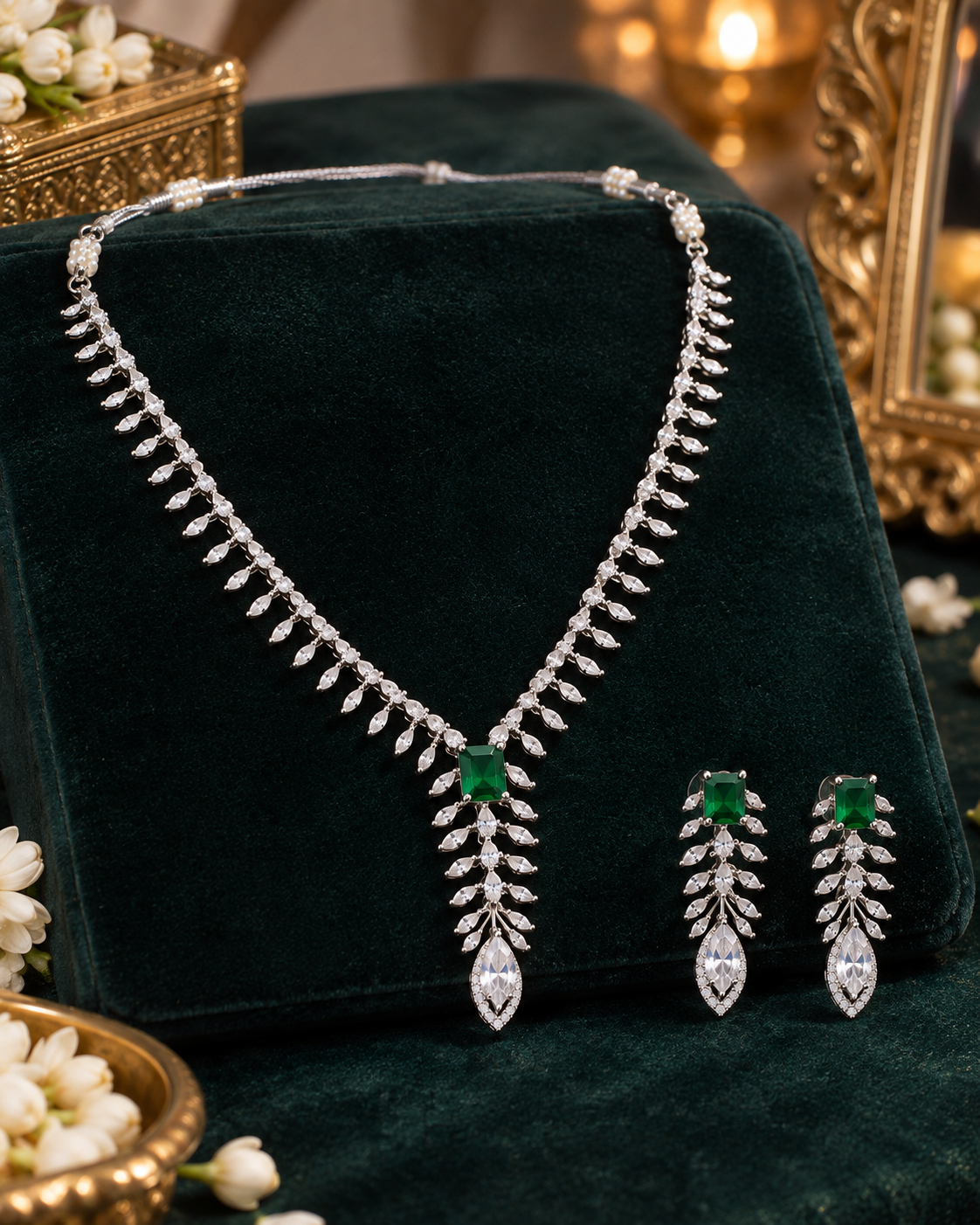 Delicate Clear Leaf Spray Necklace Set