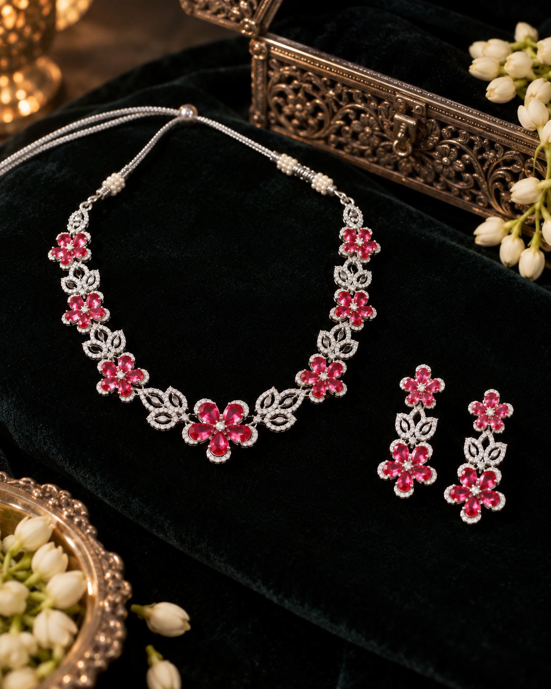 Pink Clover Cluster Necklace Set