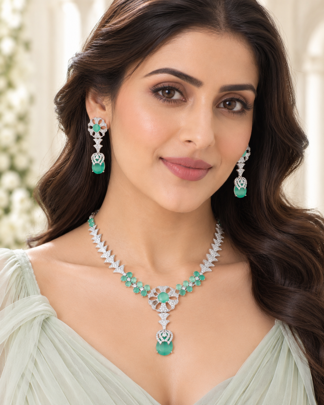 Emerald Fan Floral Necklace Set