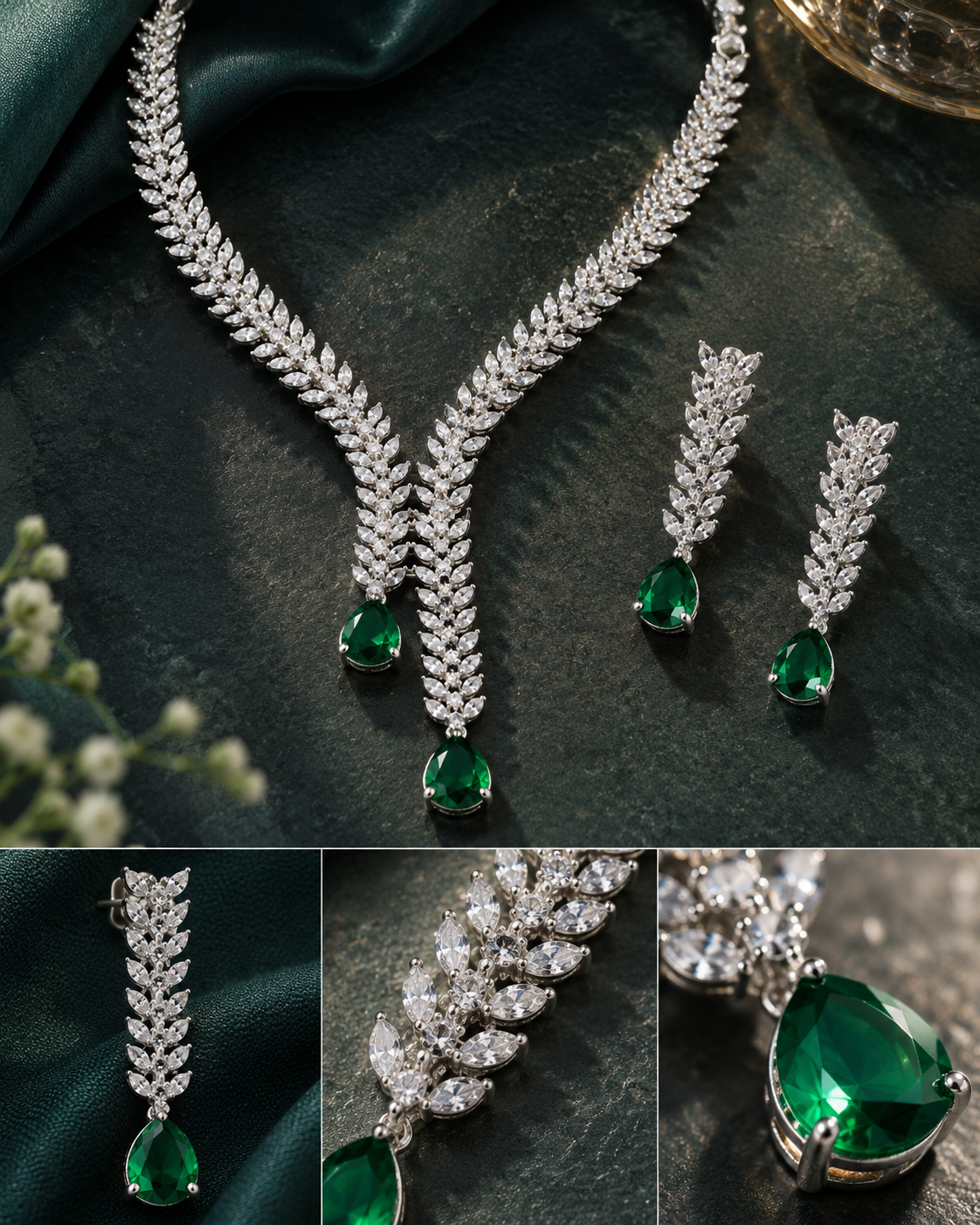 Emerald Fern Drop Necklace Set
