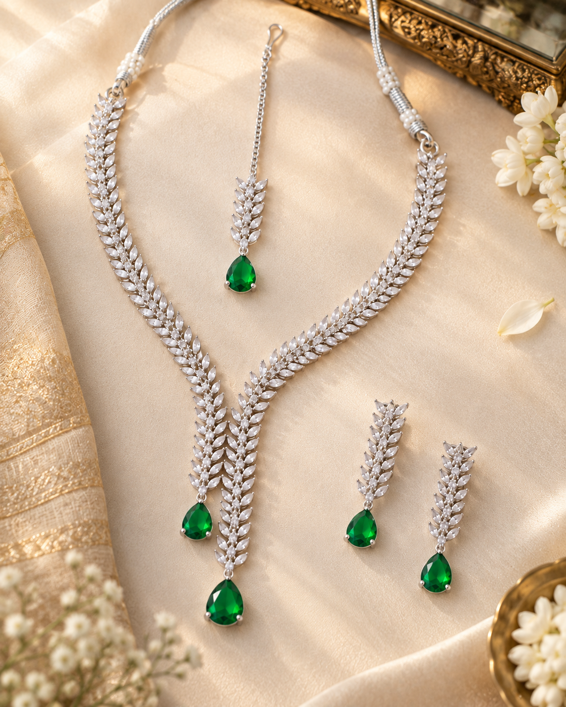 Emerald Fern Drop Necklace Set