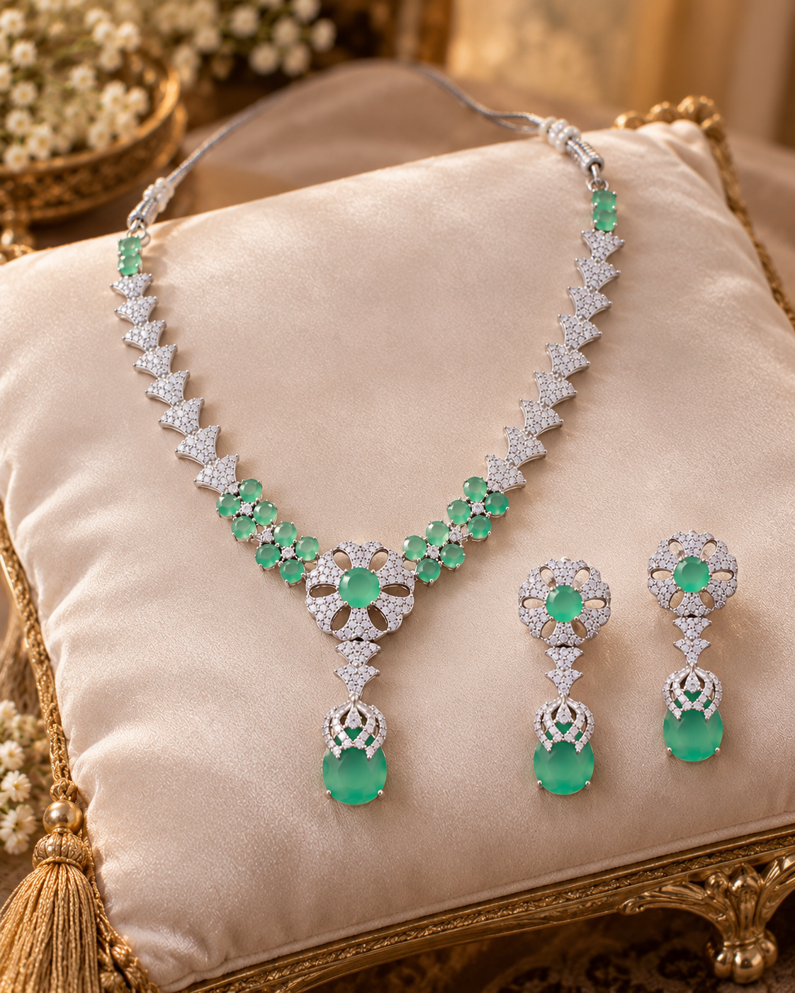 Emerald Fan Floral Necklace Set