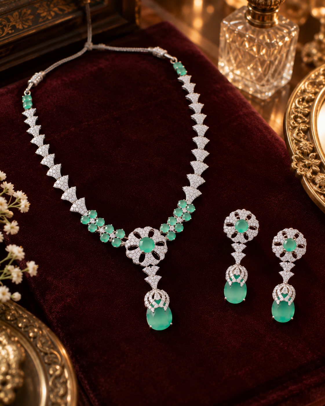 Emerald Fan Floral Necklace Set