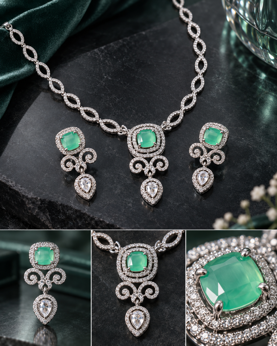 Emerald Scroll Halo Necklace Set