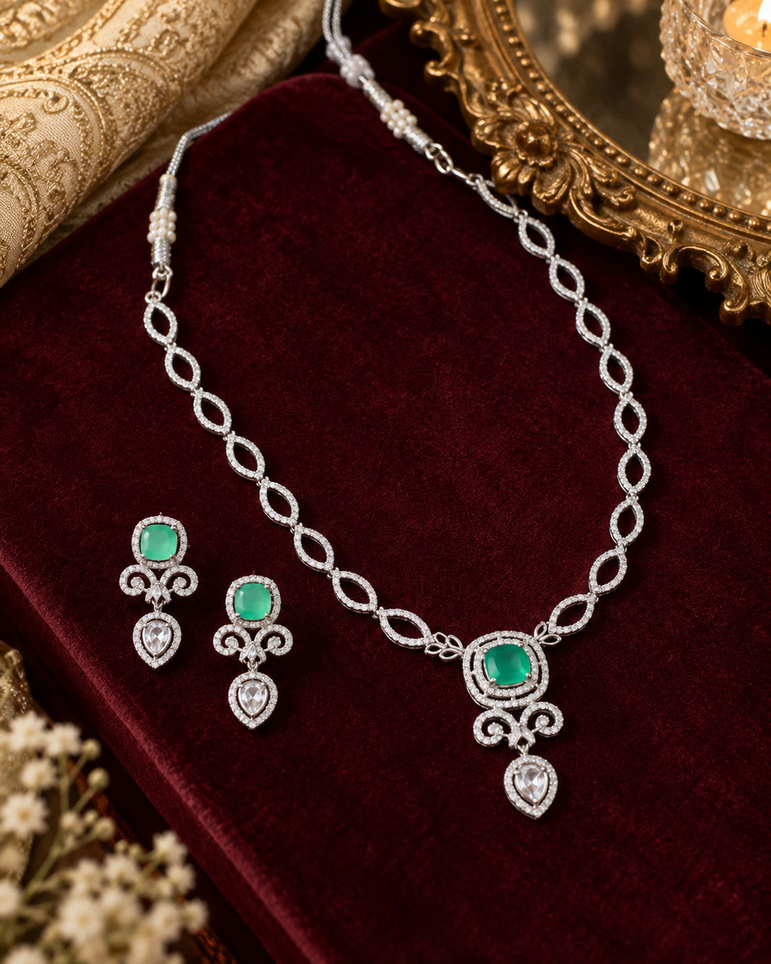Emerald Scroll Halo Necklace Set