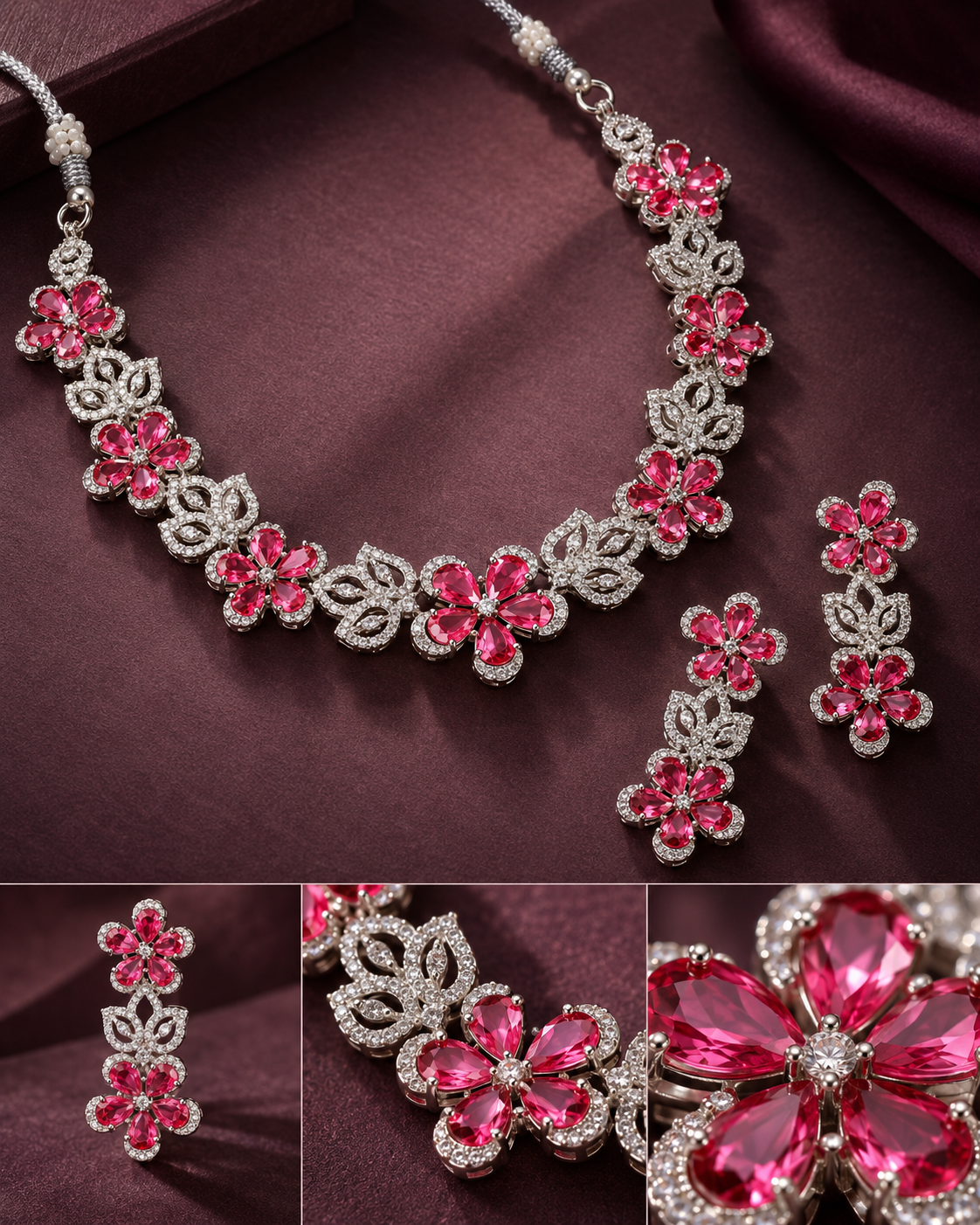 Pink Clover Cluster Necklace Set