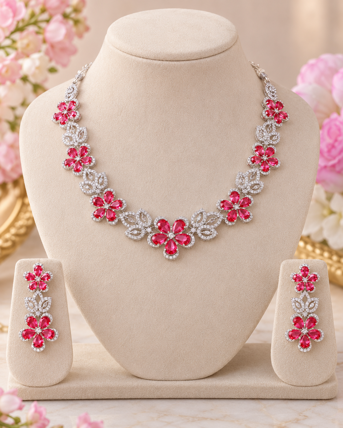 Pink Clover Cluster Necklace Set