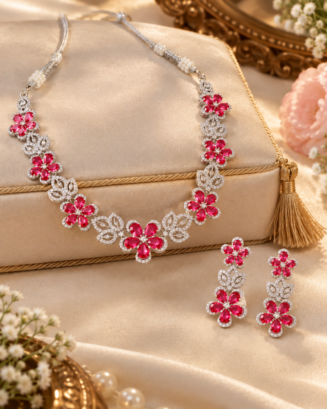 Pink Clover Cluster Necklace Set
