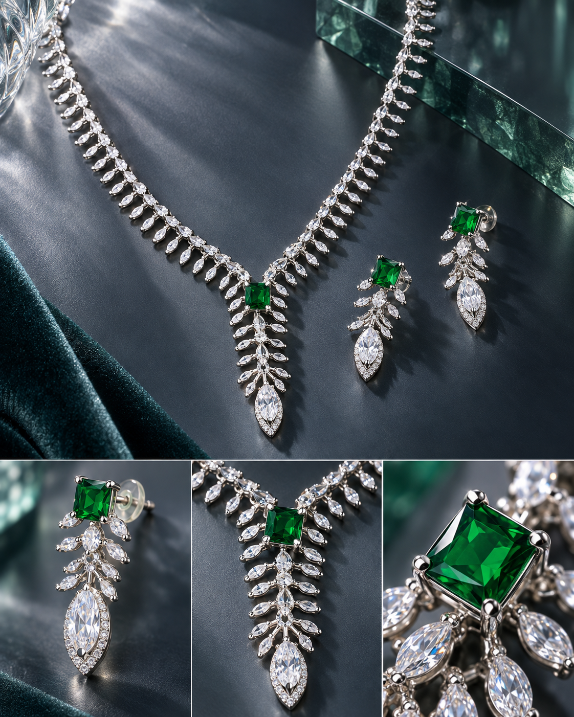 Delicate Clear Leaf Spray Necklace Set