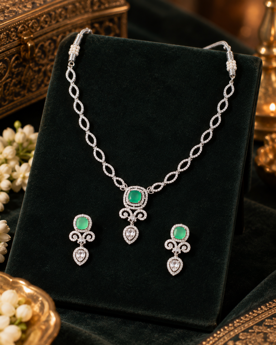 Emerald Scroll Halo Necklace Set