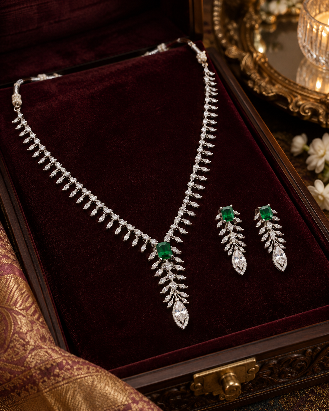 Delicate Clear Leaf Spray Necklace Set