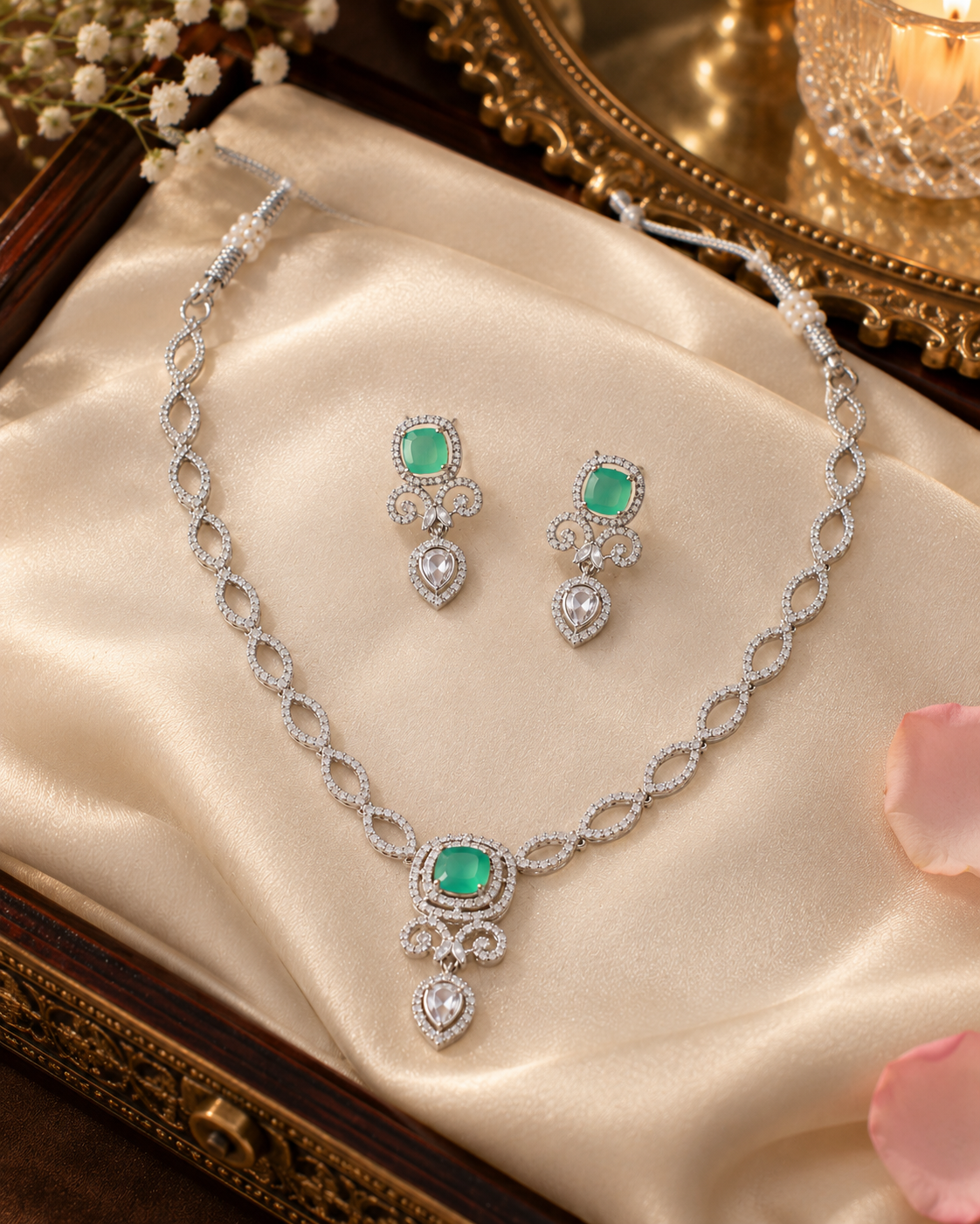 Emerald Scroll Halo Necklace Set