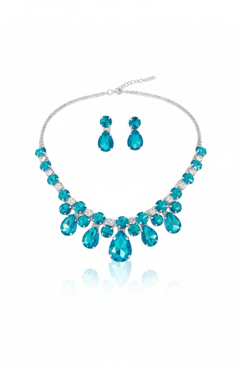 Korean Blue Teardrop Glass Stone Jewelry Necklace Set | Rhodium Plated Crystal Bridal Jewelry with Earrings