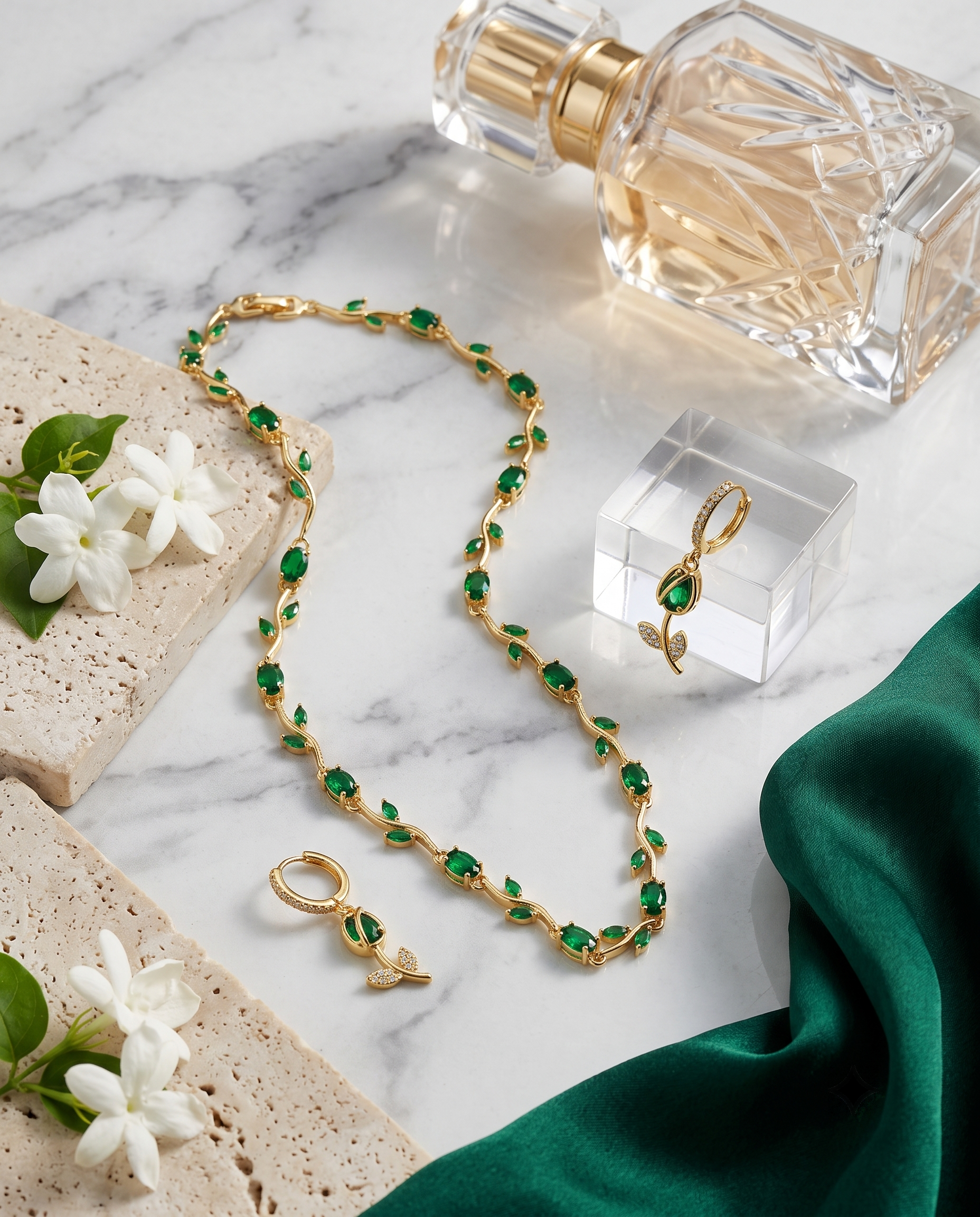 Green vine leaf necklace and matching drop earrings set, 18K gold plated – styled on jewelry stand