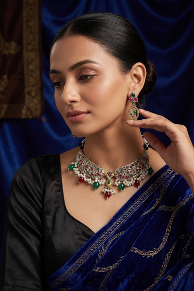 Festive Green Pink Pearl Drop Collar Necklace Set