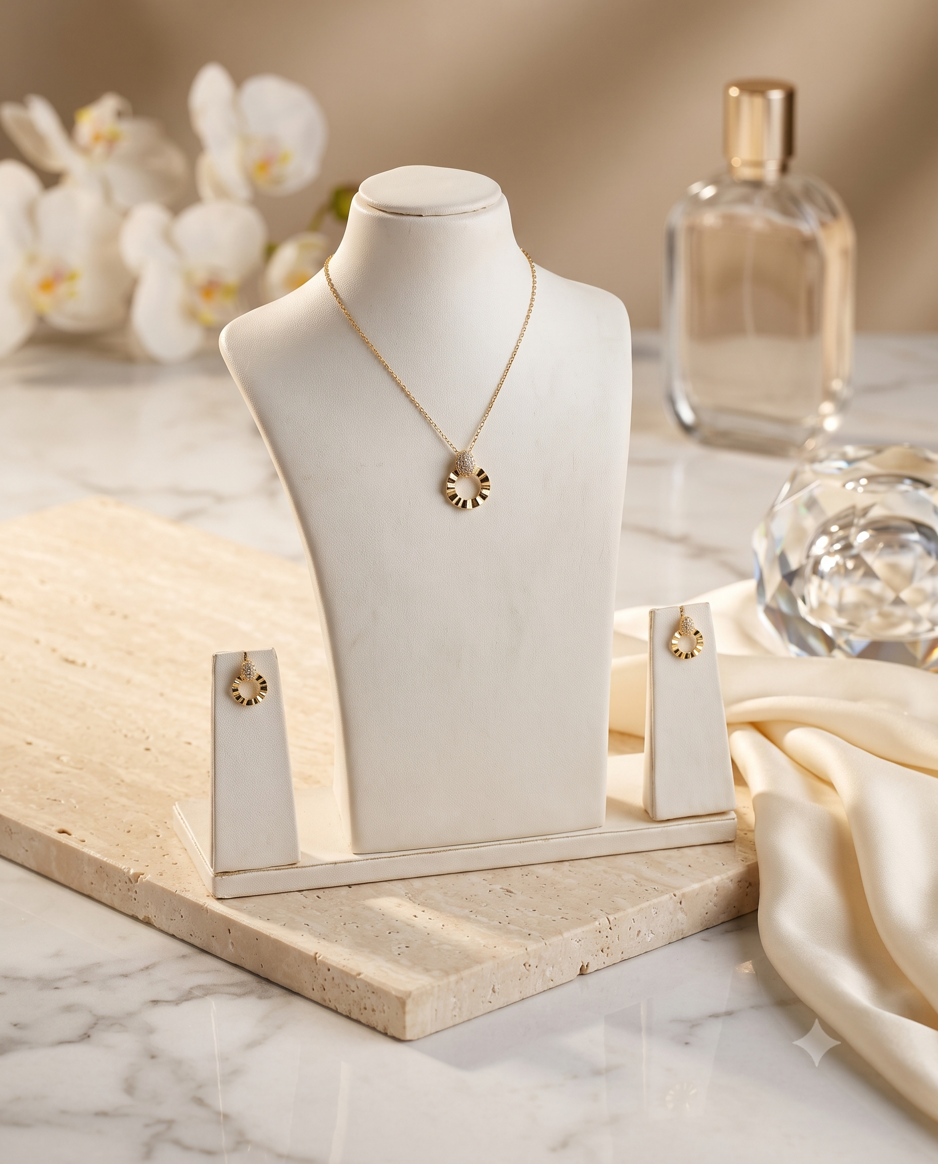 Geometric circle pendant necklace and matching stud earrings set, 18K gold plated – lifestyle shot