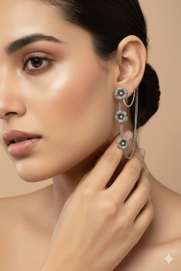 Floral Chain Ear Cuff in Oxidised German Silver – Non‑Pierced Boho Style