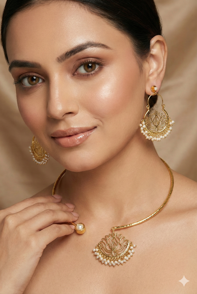 Lotus Pearl Heritage Necklace Set – Brass Gold Plated | Anti-Tarnish Coated