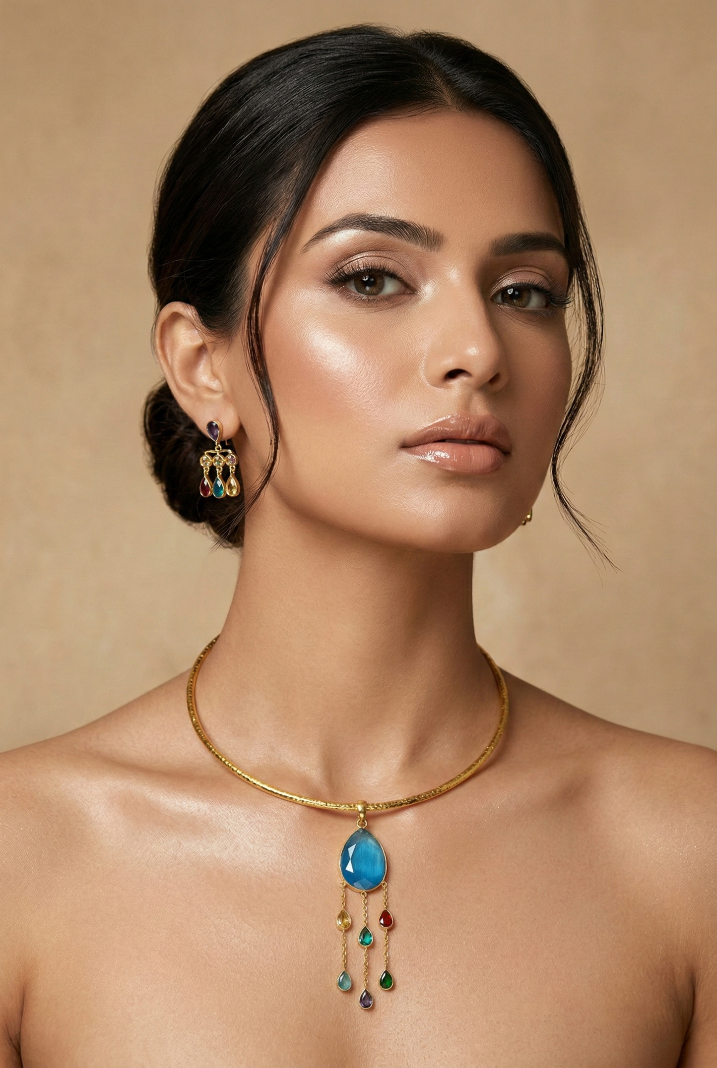 Hansuli Necklace with Blue Pendant & Multicolor Raindrop Dangles – Gold Plated Brass Statement Choker Set