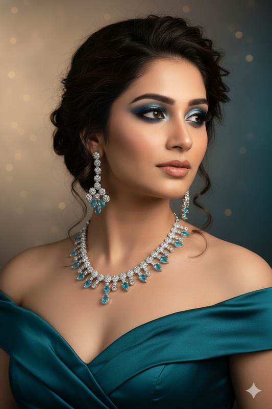 Elegant Blue Stone AD Necklace Set for Women | Sparkling Silver Finish