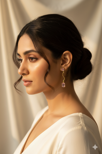 Wavy Bar Drop Earrings with Rose Emerald‑Cut Stone | Natural Stone, Gold‑Plated Brass