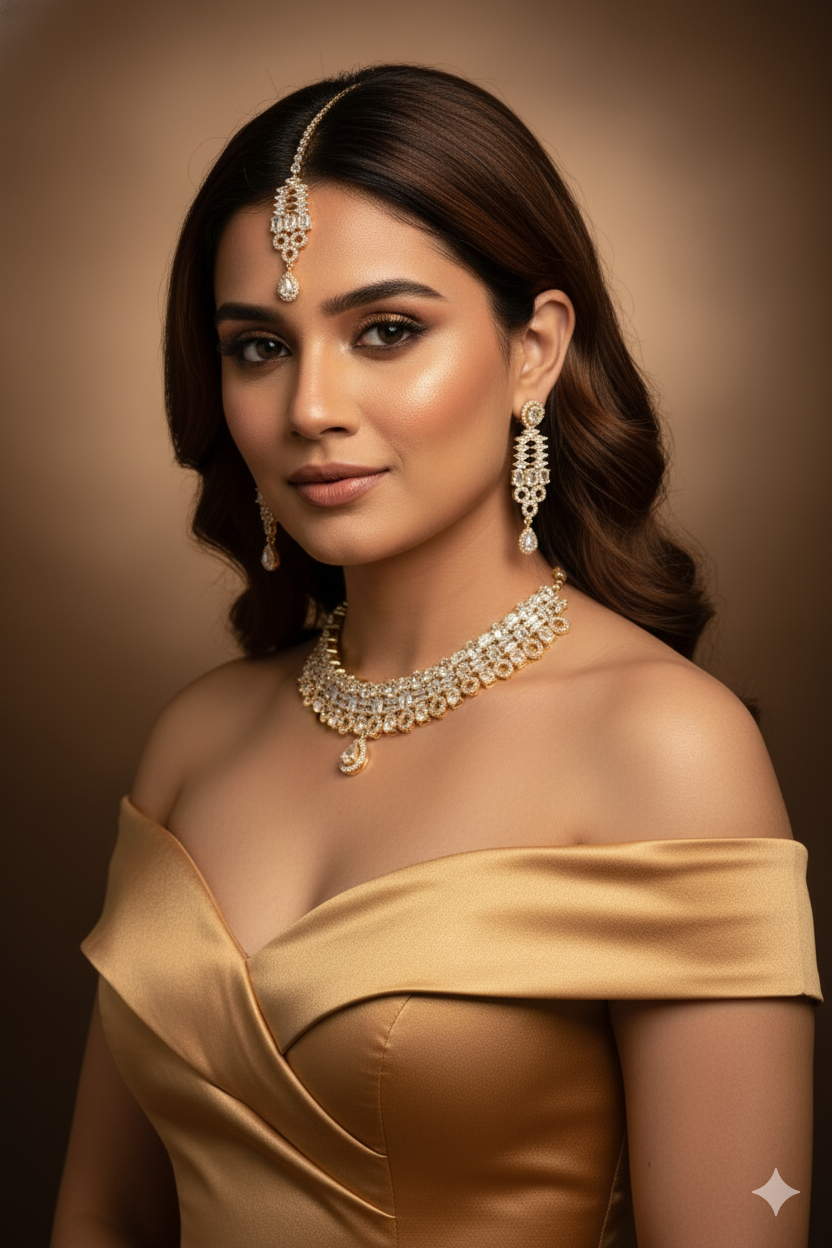 Gold-Plated Crystal Bridal Choker Set with Maang Tikka