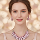 Korean Pink Gradient Glass Stone Jewelry Necklace Set | Luxury Rhodium Plated Bridal & Party Jewelry with Earrings