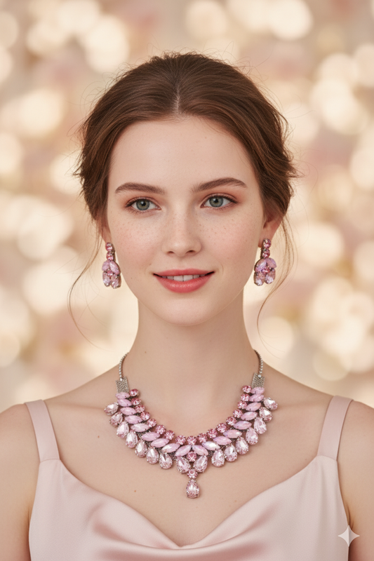 Korean Pink Gradient Glass Stone Jewelry Necklace Set | Luxury Rhodium Plated Bridal & Party Jewelry with Earrings