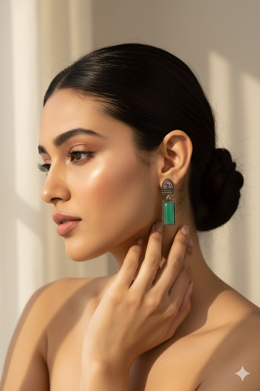 Dual-Tone Monalisa Drop Oxidised German Silver Earrings – Tri & Rectangle Stones