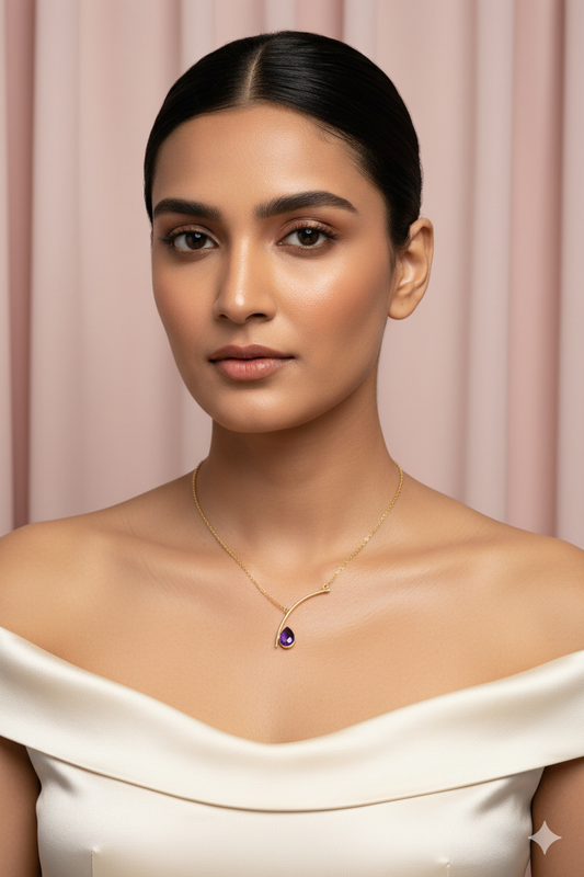 Curved Bar Chain Necklace with Purple Teardrop Natural Stone | Brass Anti Tarnish | Lightweight