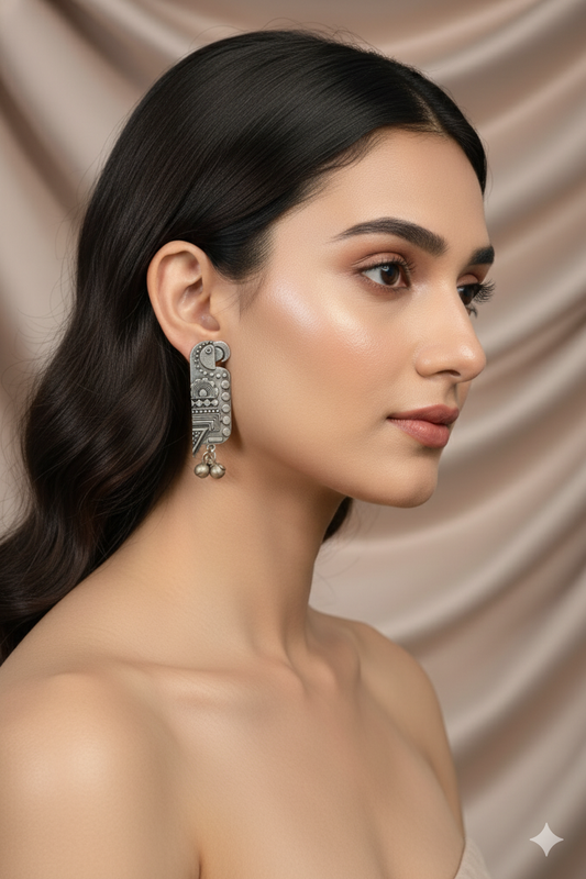 Oxidised Parrot Design German Silver Drop Earrings