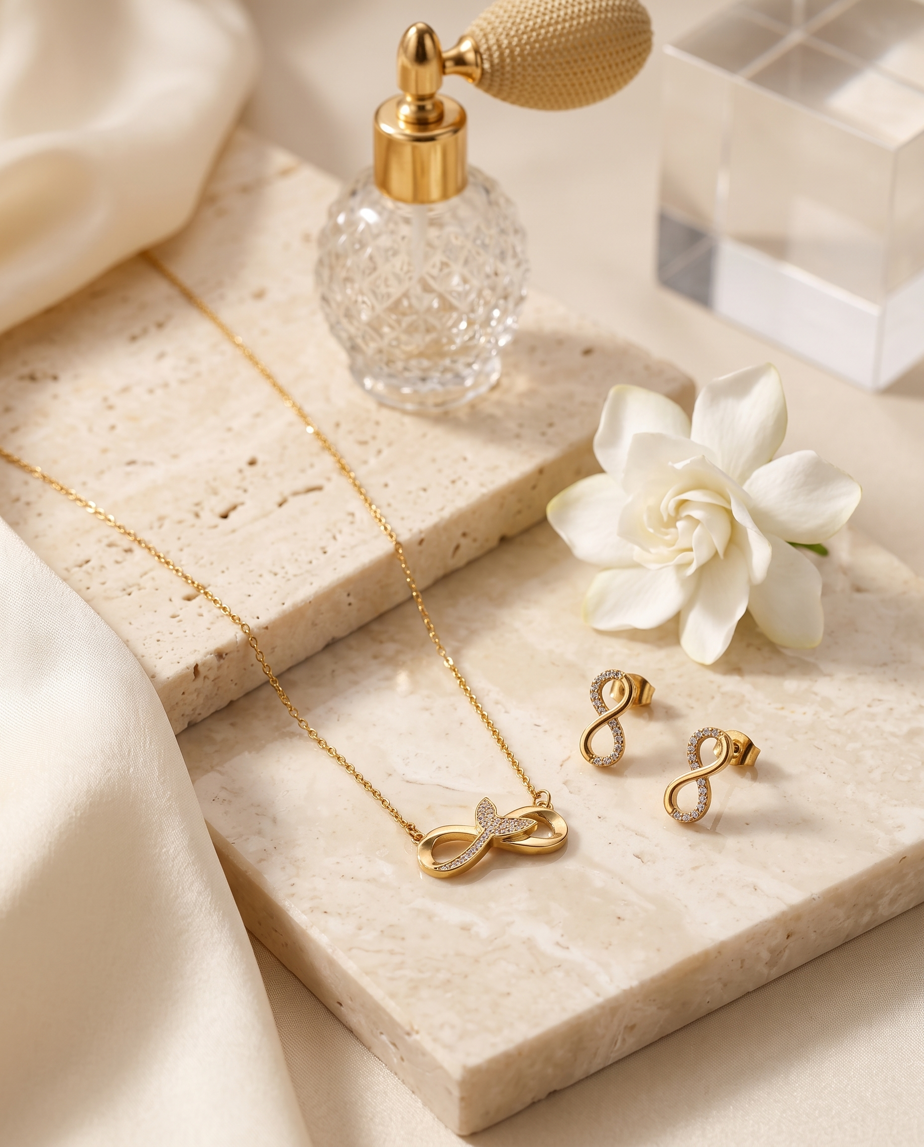 Infinity pendant necklace and matching zircon earrings set, 18K gold plated – styled on jewelry stand