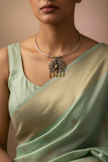 Dual Tone Oxidised German Silver Peacock Hansuli Necklace