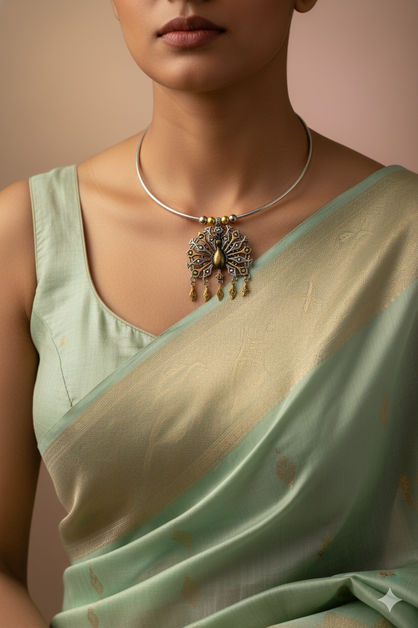 Dual Tone Oxidised German Silver Peacock Hansuli Necklace