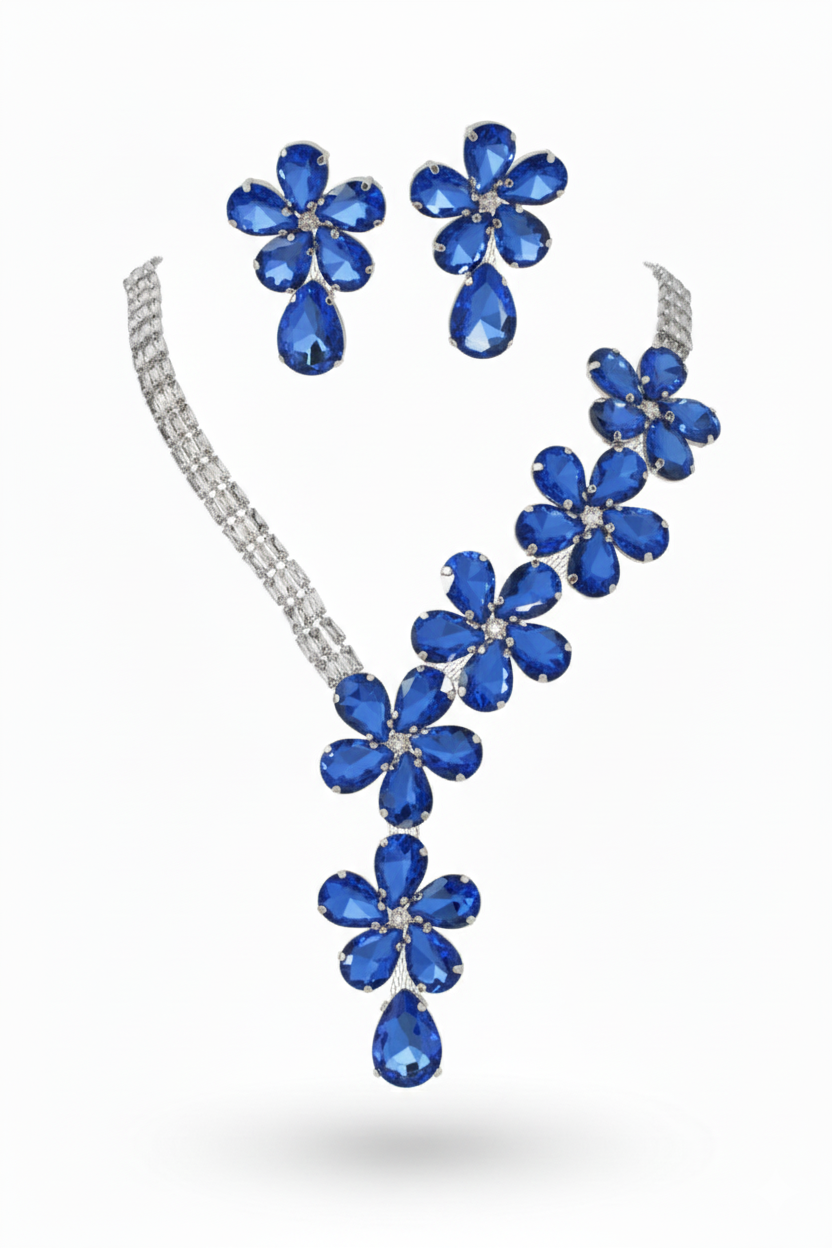 Korean Blue Floral Glass Stone Jewelry Necklace Set | Rhodium Plated Statement Jewelry with Earrings