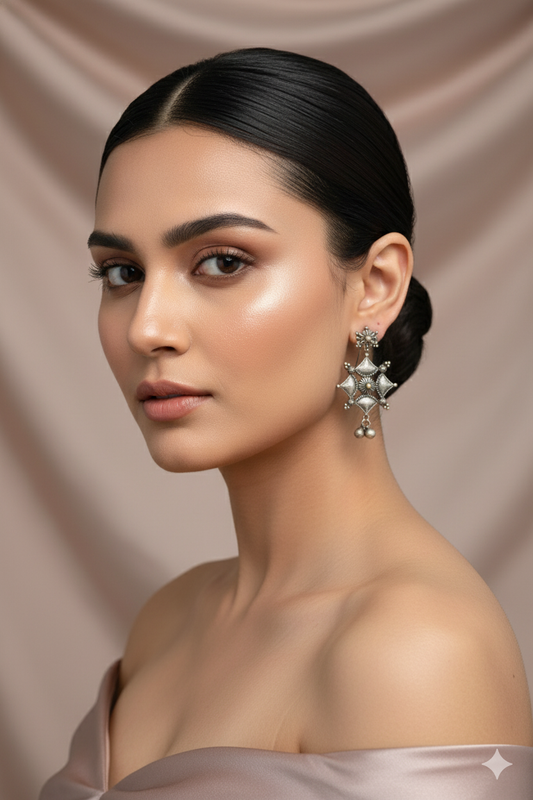 Oxidised German Silver Six-Point Tribal Drop Earrings