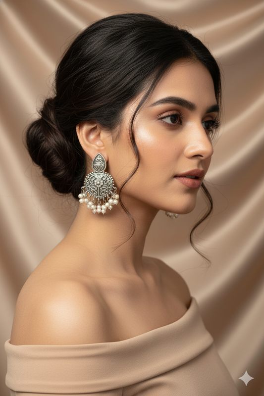 Oxidised German Silver Floral Earrings with Pearl Drops