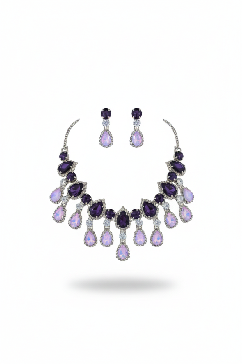Korean Purple & White Glass Stone Jewelry Necklace Set | Rhodium Plated Luxury Jewelry with Earrings