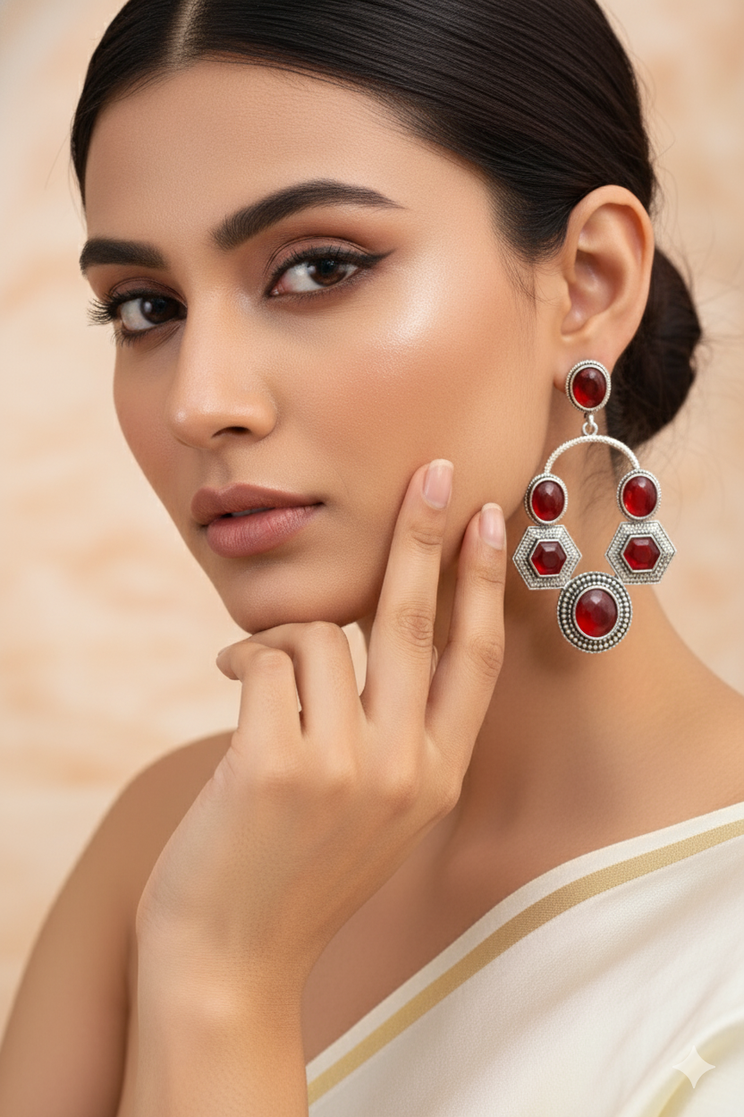 Red Monalisa Geometric Hoop Dangler Earrings | Oxidised German Silver