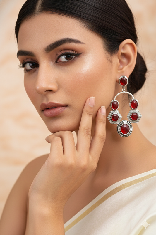 Red Monalisa Geometric Hoop Dangler Earrings | Oxidised German Silver