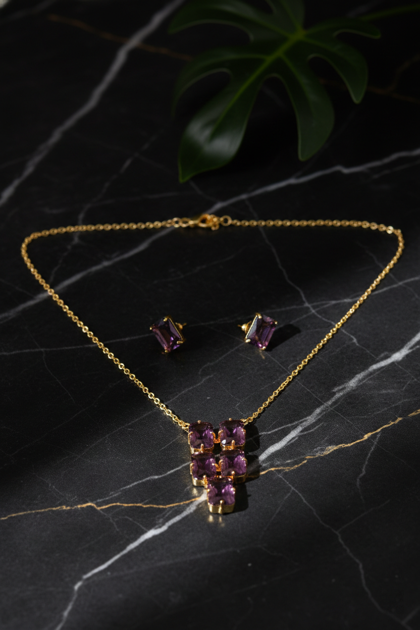 Amethyst Purple Natural Stone Cluster Statement Necklace Set – Gold Plated Brass Party Jewelry